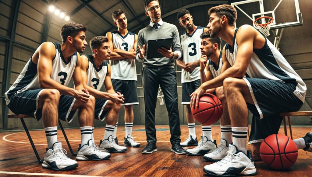 Equipo de baloncesto recibiendo instrucciones durante el partido