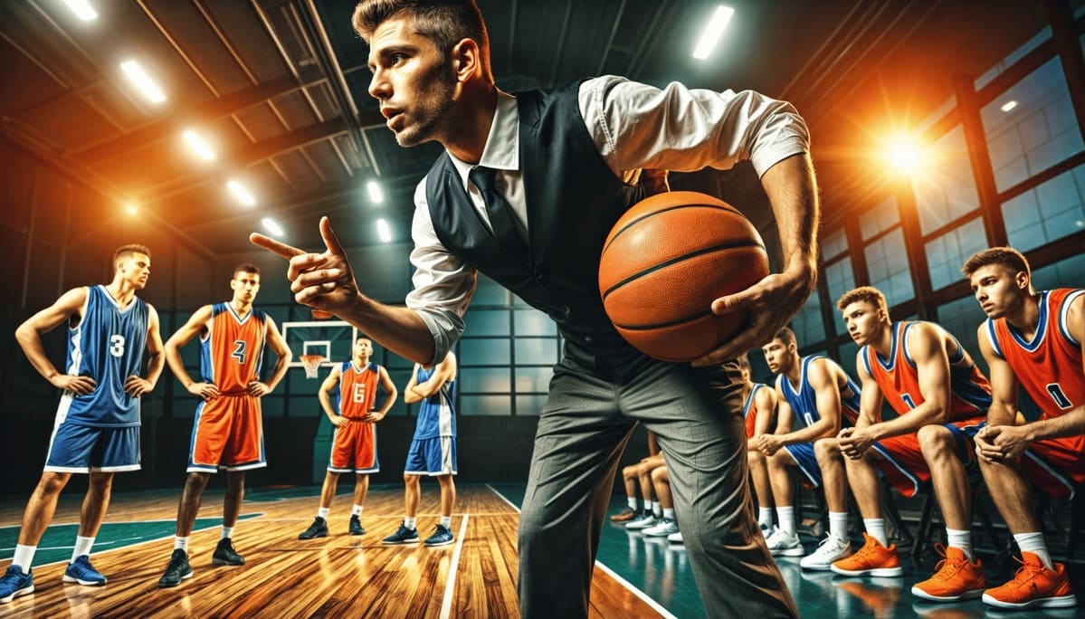 Entrenador de baloncesto explicando táctica a su equipo en la cancha