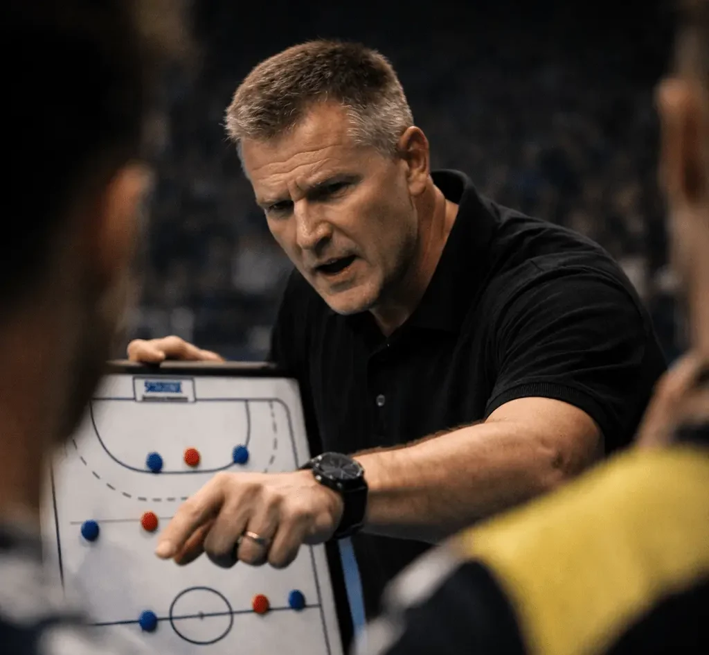 Entrenador de balonmano explicando una situación táctica con pizarra